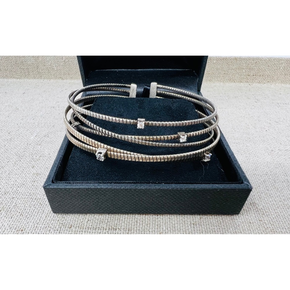 Marcello Pane Sterling Silver Multi Strand Coiled Clear Stone Cuff Bracelet